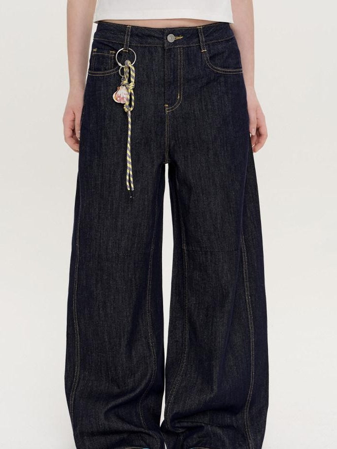 fano Micro Stretch Cotton Relaxed Natural Waist Pear Fit Dark Denim Wide Leg Jeans