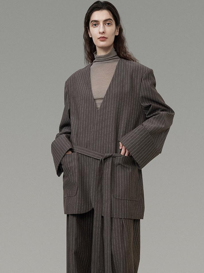 unspoken Minimalist V-neck Long Sleeve Tailored Brown Polyester Women Top & Pants Sets