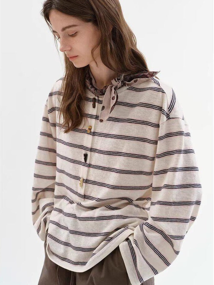 fano Cotton Blend Relaxed Loose Round Neck Women Striped Long Sleeve T-Shirts