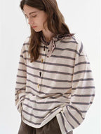fano Cotton Blend Relaxed Loose Round Neck Women Striped Long Sleeve T-Shirts