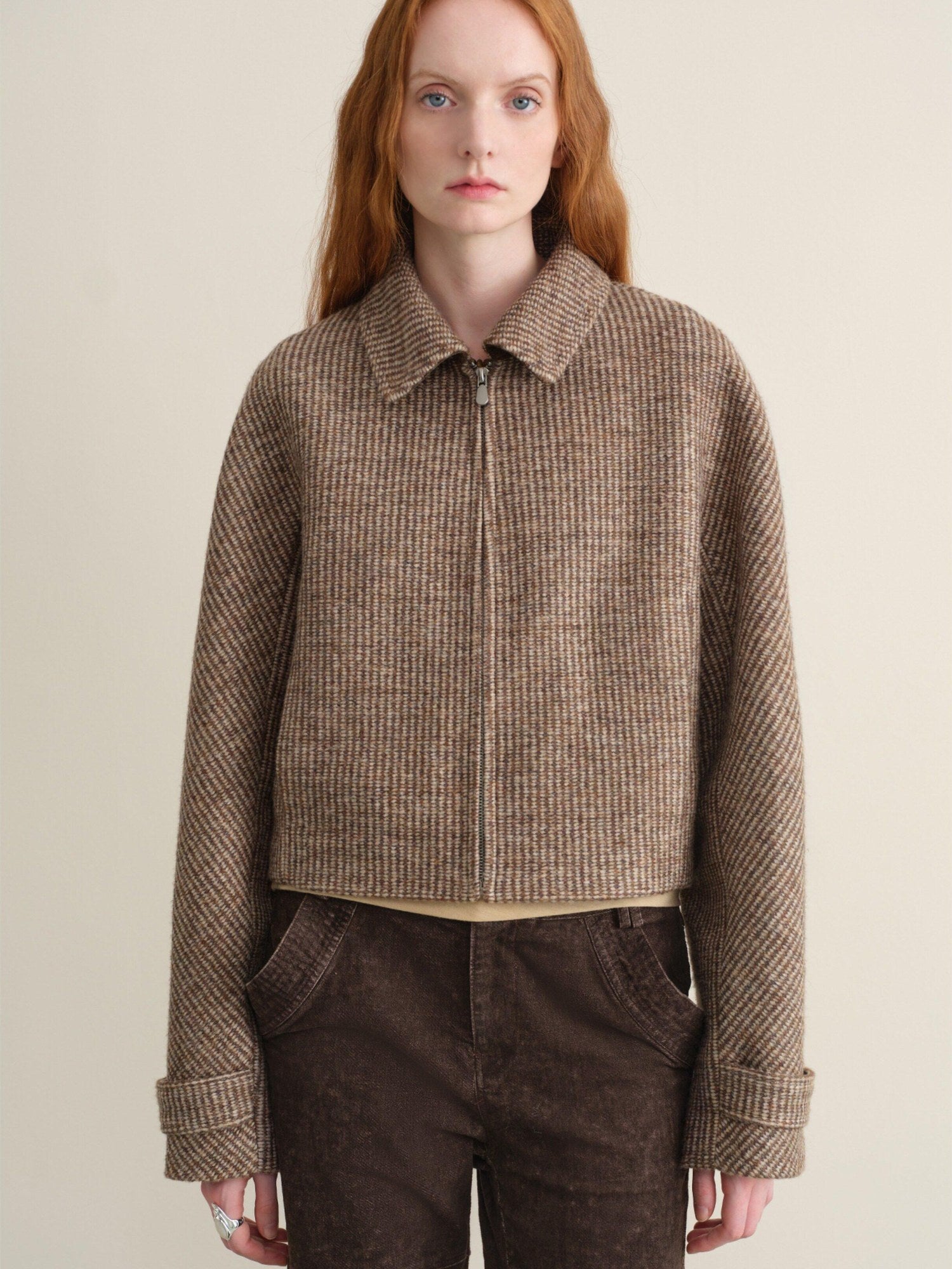 someone sometimes Wool Blend Retro Loose Zip Lapel Long Sleeve Women Multicolor Cropped Jackets