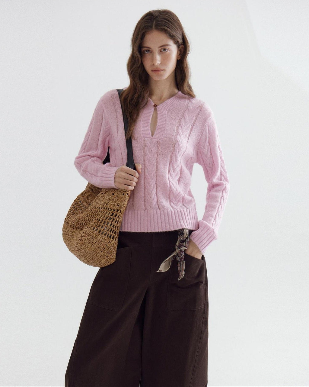 fano Warm V-neck Button Detail Minimal Commuter Fit Pink Women Acrylic Blend Sweaters