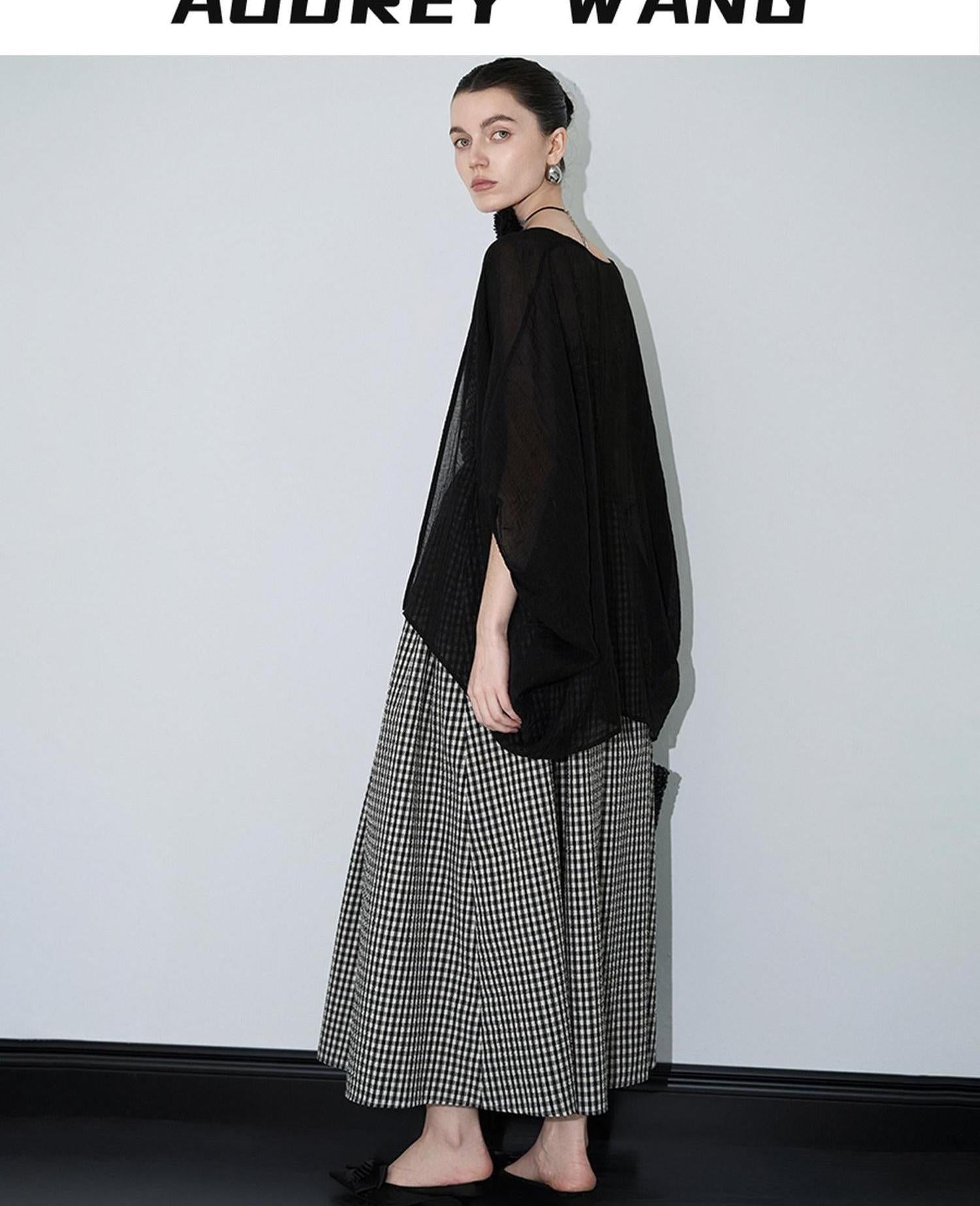 audreyyang Light Hemp Knit Relaxed Batwing V-neck Women Black Open Front Cardigans