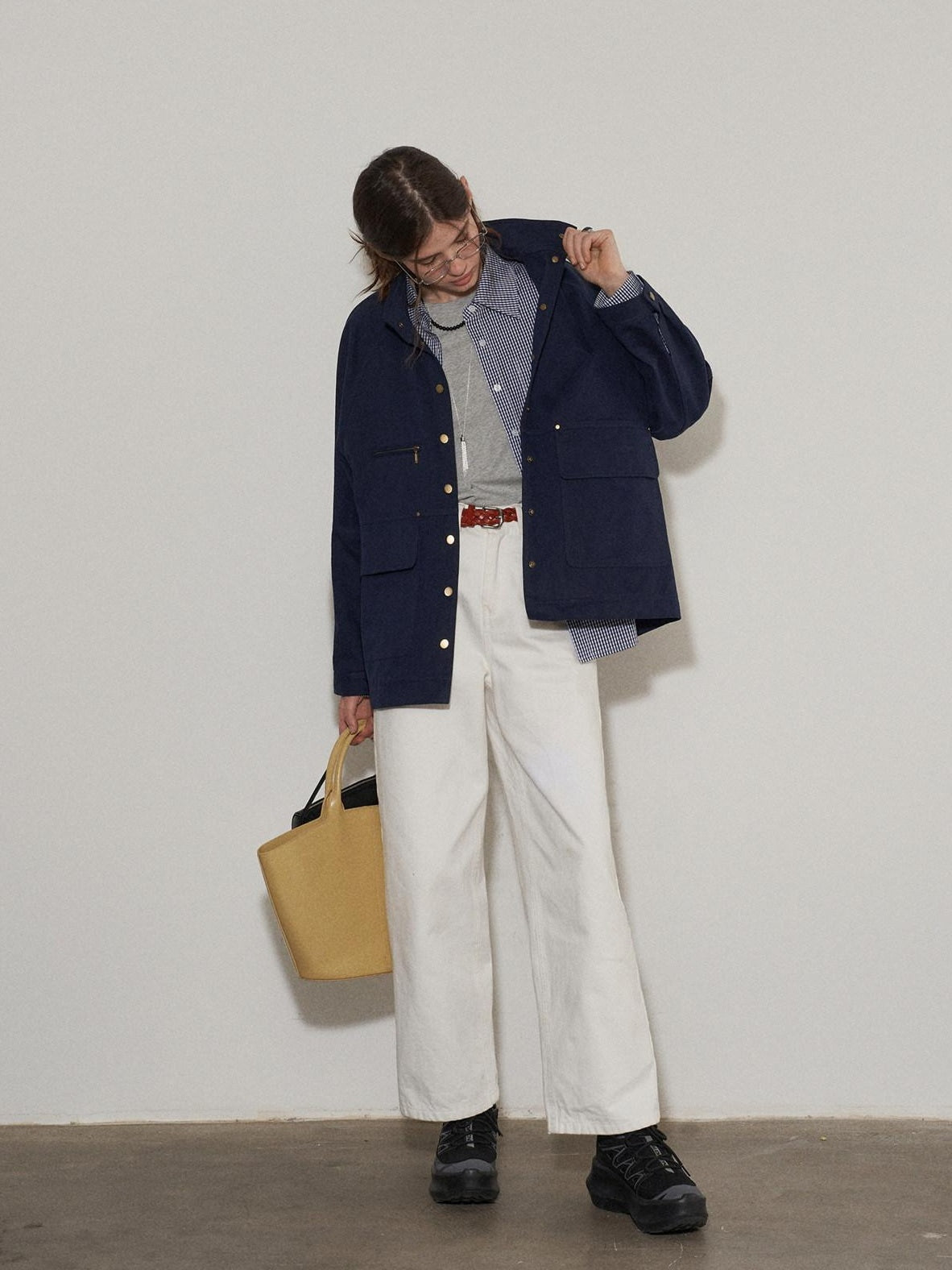 Lofi choose Flattering Plaid Minimal Collared Loose Long Sleeve Button Women Blue Shirts
