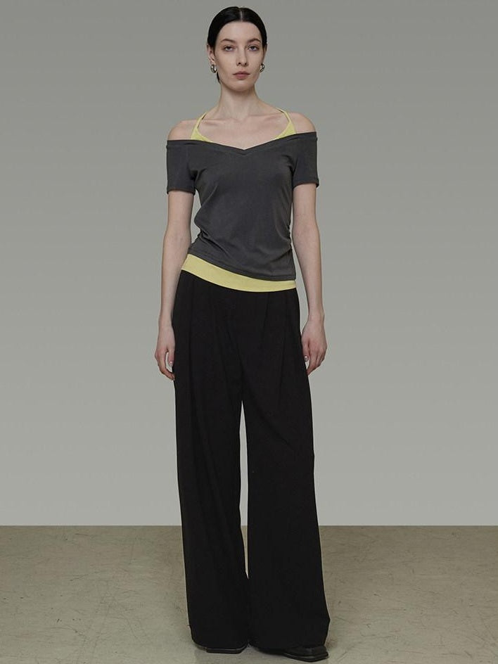 unspoken Moisture Wicking Lyocell Slim V-neck Patchwork Grey Green Halter Crop Tops