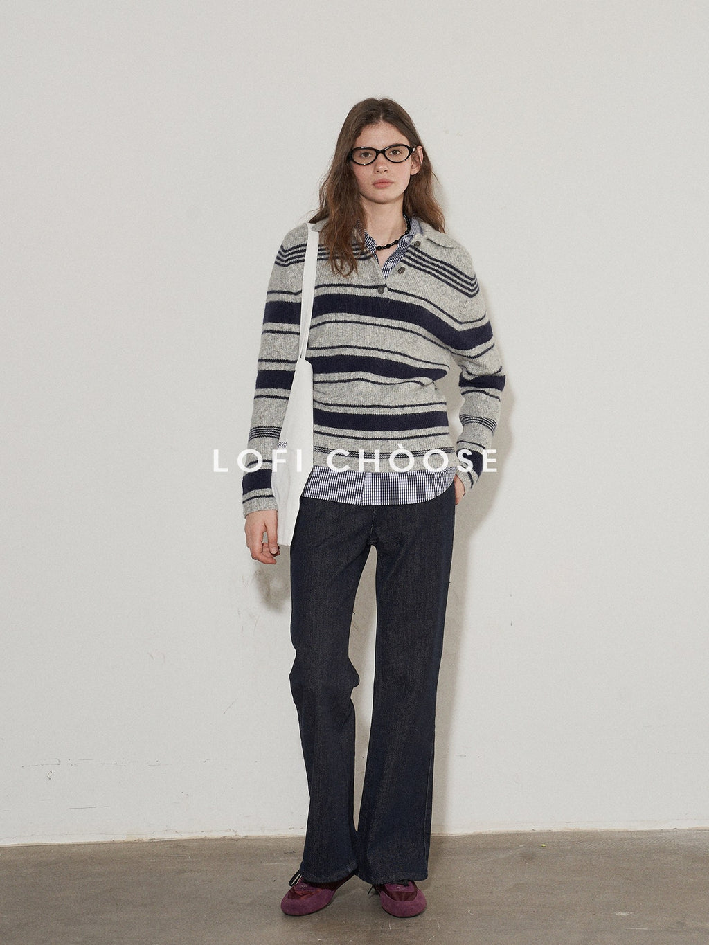Lofi choose Soft Acrylic Wool Blend Striped Polo Collar Loose Fit Office Knitwear Sweaters