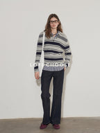 Lofi choose Soft Acrylic Wool Blend Striped Polo Collar Loose Fit Office Knitwear Sweaters