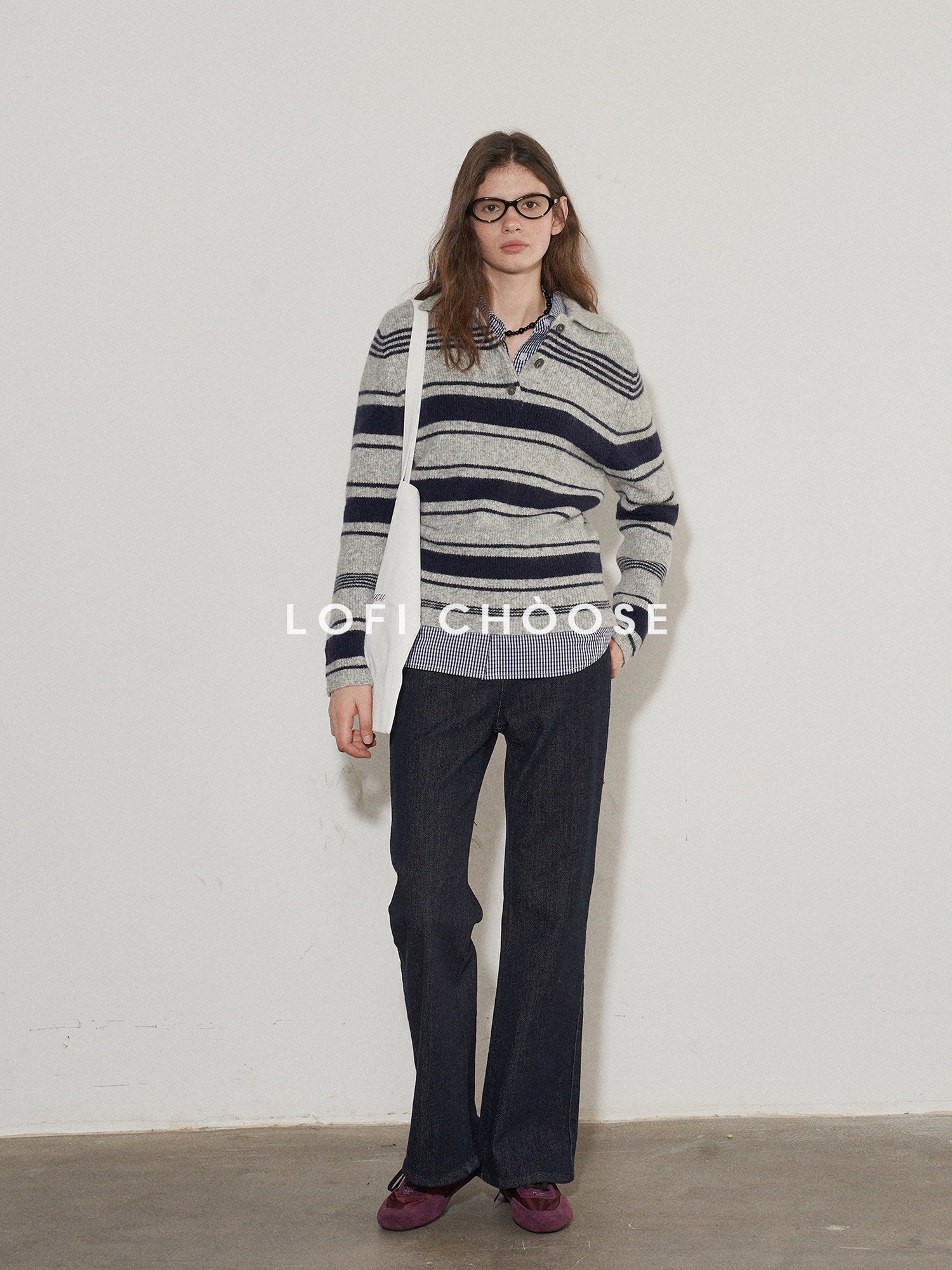 Lofi choose Soft Acrylic Wool Blend Striped Polo Collar Loose Fit Office Knitwear Sweaters