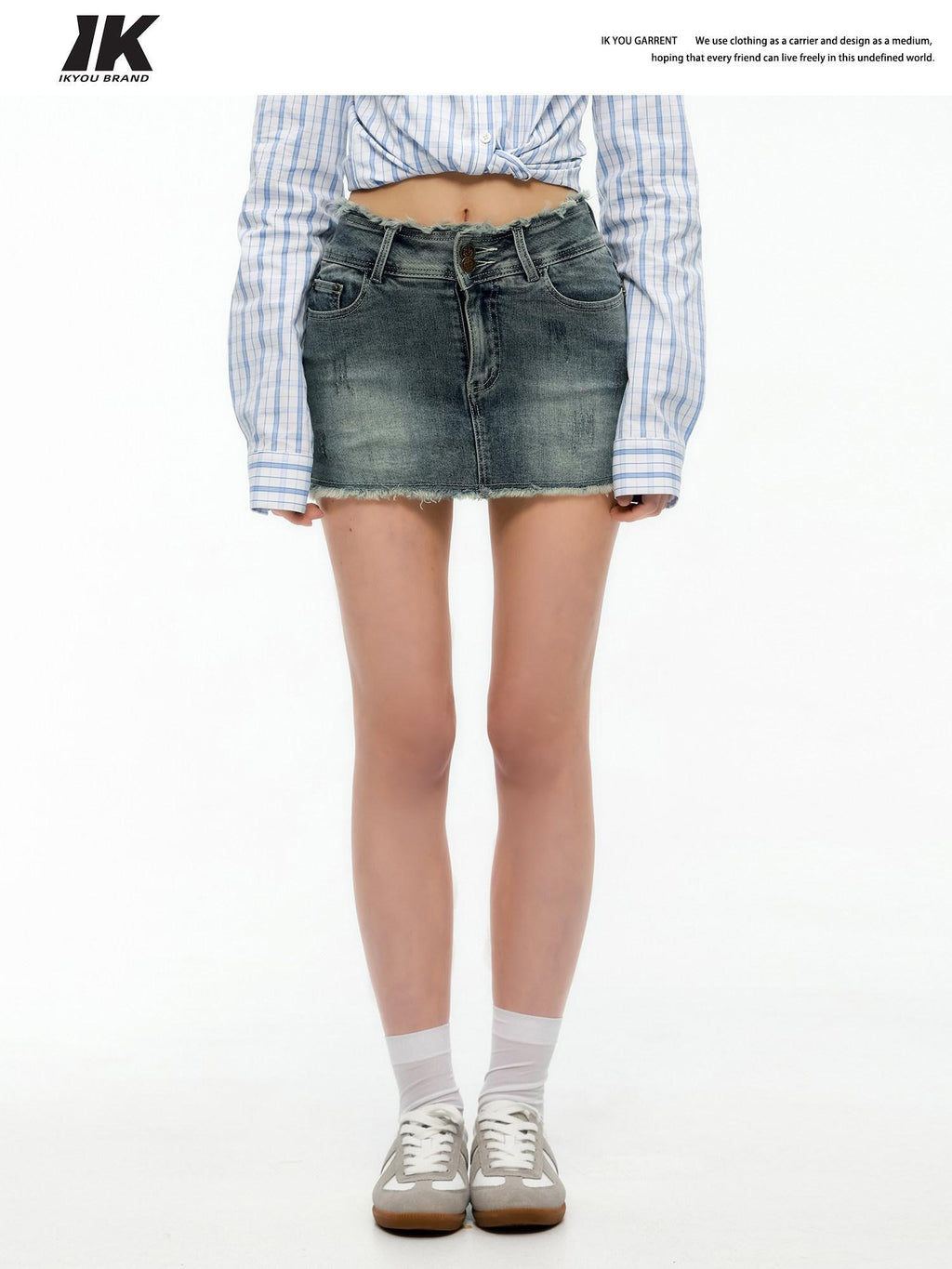 ikyou Stretch Cotton Blend Low Waist Fitted Distressed Fringe Lined Denim Mini Skirts