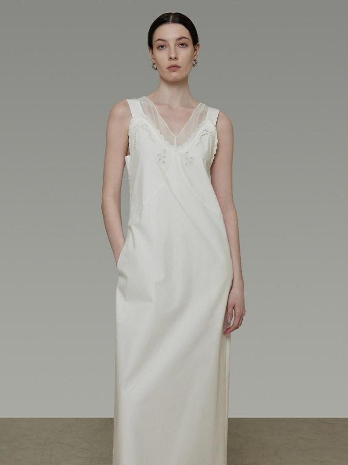 unspoken Soft 100 Percent Cotton Crochet V-neck Sleeveless Office White Maxi Dresses