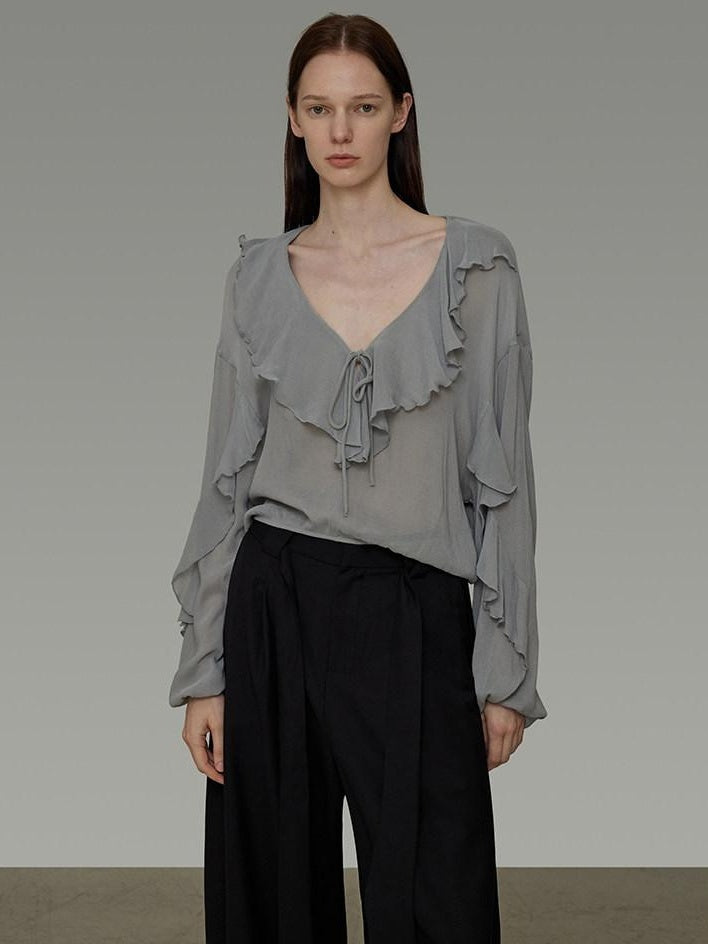 unspoken Breathable V-neck Ruffle Loose Fit Commuter Workwear Women Blue Pullover Blouses
