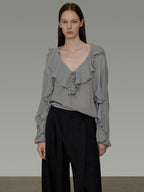 unspoken Breathable V-neck Ruffle Loose Fit Commuter Workwear Women Blue Pullover Blouses