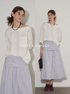 Lofi choose High Waist Cotton Comfort Pleated Loose Fit Office Women Blue Stripe Midi Skirts