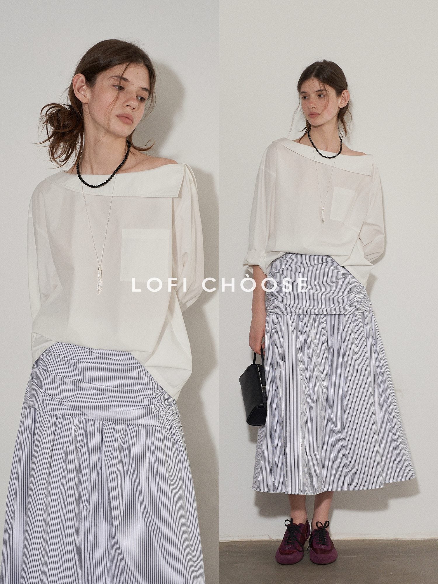 Lofi choose High Waist Cotton Comfort Pleated Loose Fit Office Women Blue Stripe Midi Skirts