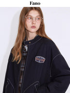 fano Insulated Loose Fit Korean Commuter Stand Collar Zip Front Navy Puffer Jackets