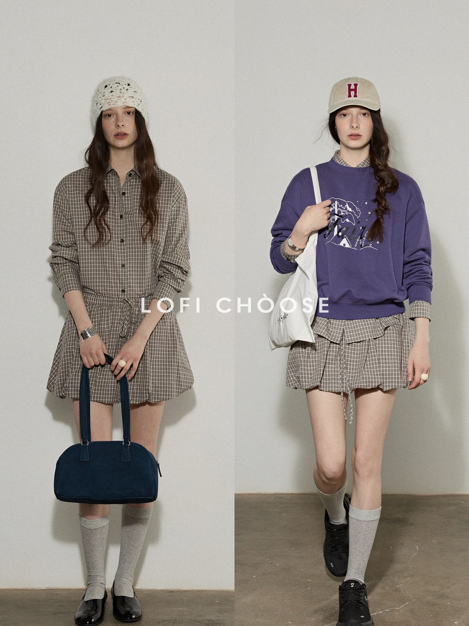 Lofi choose Comfortable Loose Plaid Button Collar Long Sleeve Women Workwear Midi Dresses