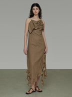 unspoken Cotton High Waist Irregular Hem Minimal Work Strappy Brown Maxi Dresses