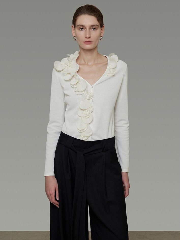 unspoken V-neck 3D Detail Slim Fit Office Women Breathable White Blouses