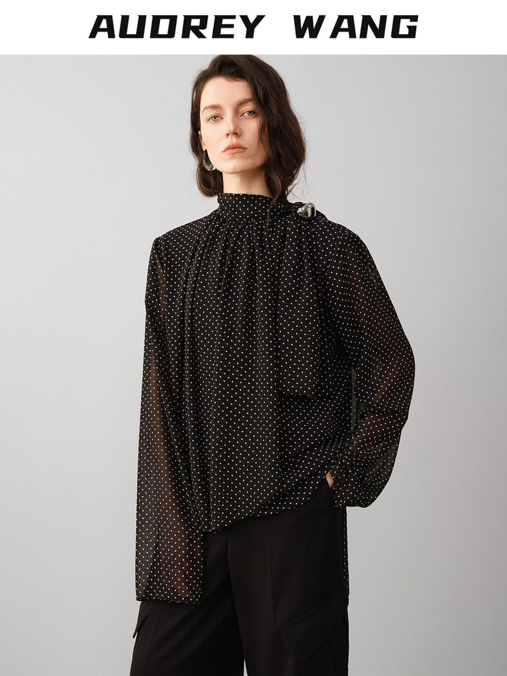 audreyyang Shape Retaining Loose Fit Stand Collar Long Sleeve For Women Polka Dot Blouses