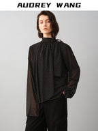 audreyyang Shape Retaining Loose Fit Stand Collar Long Sleeve For Women Polka Dot Blouses