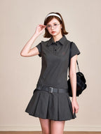 ikyou Breathable 100 Percent Cotton Embroidered A Line Polo Utility Gray Midi Dresses