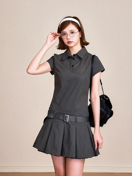 ikyou Breathable 100 Percent Cotton Embroidered A Line Polo Utility Gray Midi Dresses