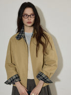 Lofi choose Pure Cotton Office Loose Raglan Zipper Plaid Women Khaki Cropped Jackets