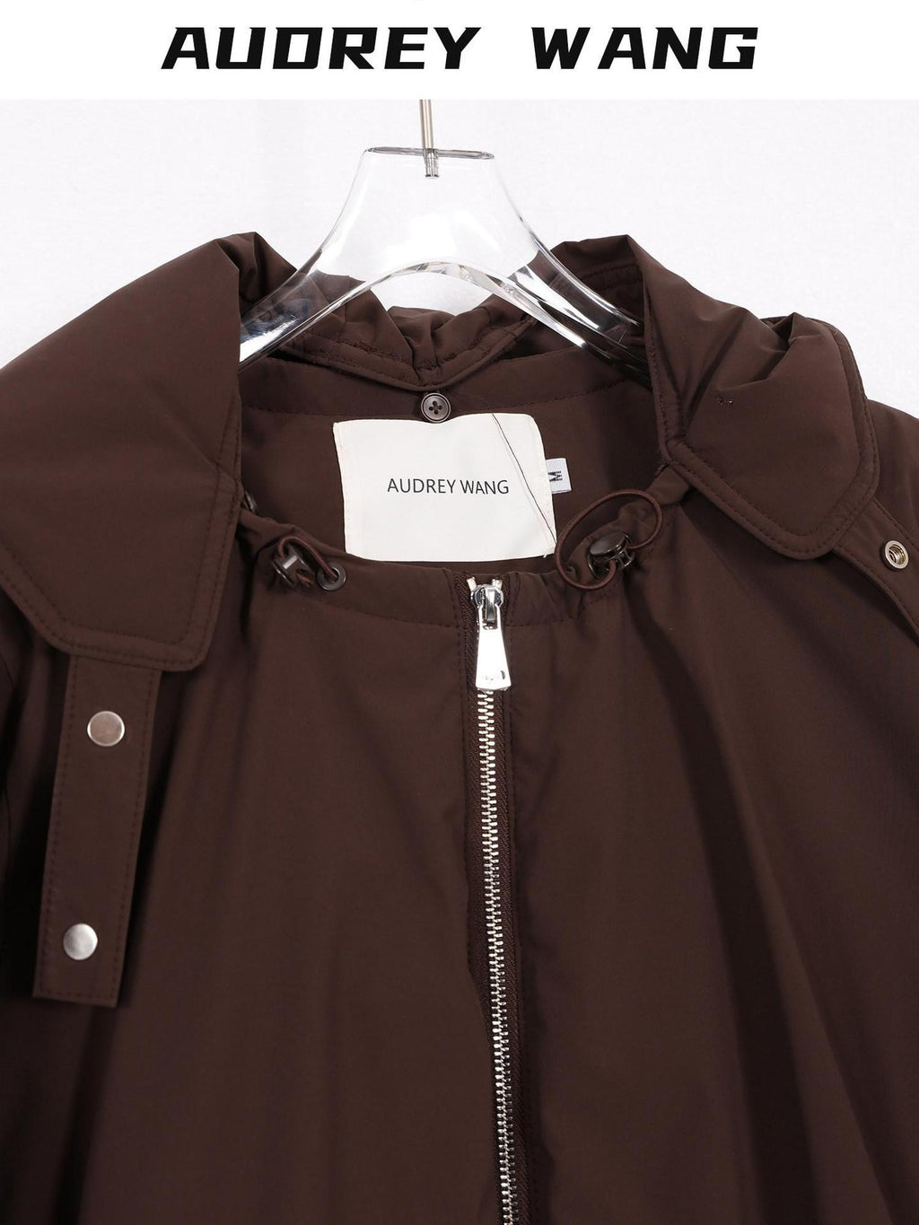 audreyyang Warm 90% White Duck Down Zip Loose Fit Detachable Hood Burgundy Brown Hoodie