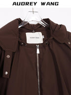 audreyyang Warm 90% White Duck Down Zip Loose Fit Detachable Hood Burgundy Brown Hoodie
