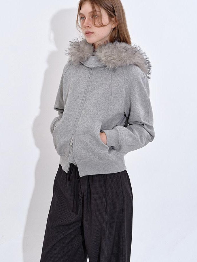 fano Detachable Zip Windproof Short Loose Casual Women Apple Shape Heather Gray Hoodie