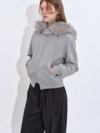 fano Detachable Zip Windproof Short Loose Casual Women Apple Shape Heather Gray Hoodie