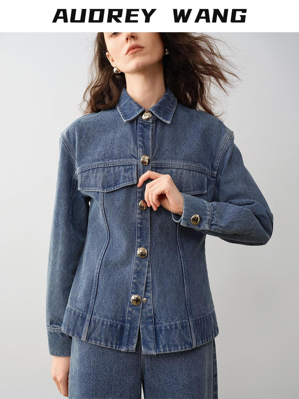 audreyyang 100% Cotton Vintage Loose Fit Button Long Sleeve Denim Women Top & Pants Sets