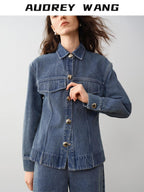 audreyyang 100% Cotton Vintage Loose Fit Button Long Sleeve Denim Women Top & Pants Sets