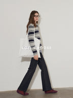 Lofi choose Soft Acrylic Wool Blend Striped Polo Collar Loose Fit Office Knitwear Sweaters