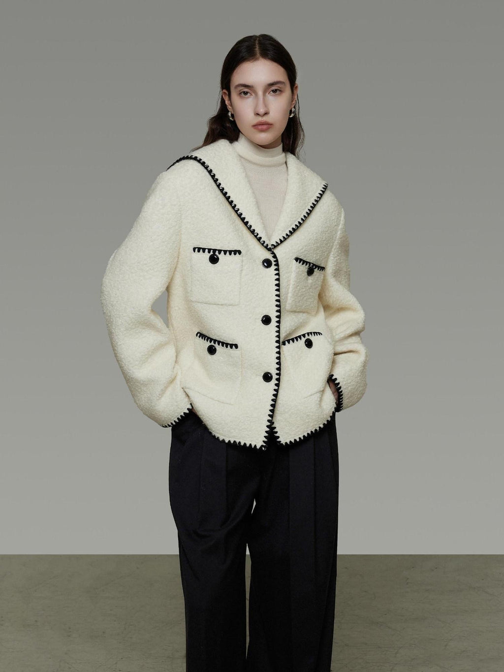 unspoken Lambswool Blend Tailored Loose Minimal Notch Collar Officewear Women Wool Coats