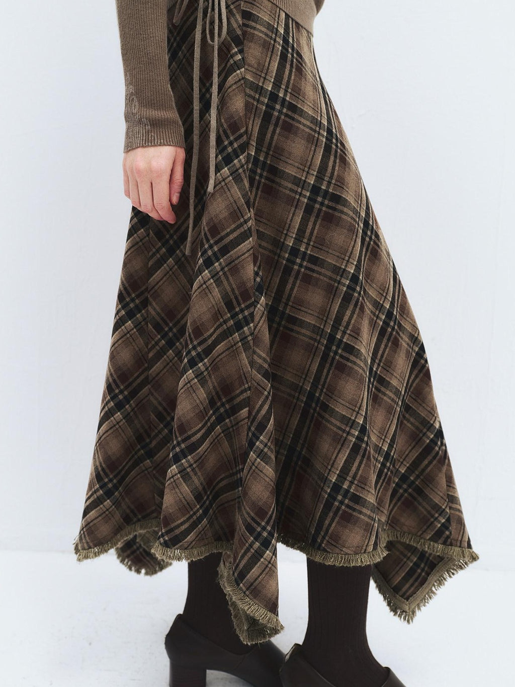 someonesometimes High Waist Vintage Irregular Hem Loose Fit Olive Check Casual Women Maxi Skirts