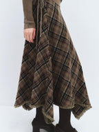 someonesometimes High Waist Vintage Irregular Hem Loose Fit Olive Check Casual Women Maxi Skirts