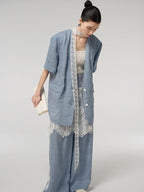 audreyyang Pure Linen Lightweight Relaxed Fit Lace Detail Commuter Women Wide Leg Pants