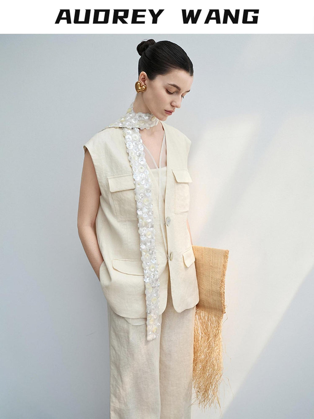 audreyyang Light Cream Linen V-neck Button Vest With Long Pants Women Top & Pants Sets