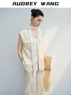 audreyyang Light Cream Linen V-neck Button Vest With Long Pants Women Top & Pants Sets