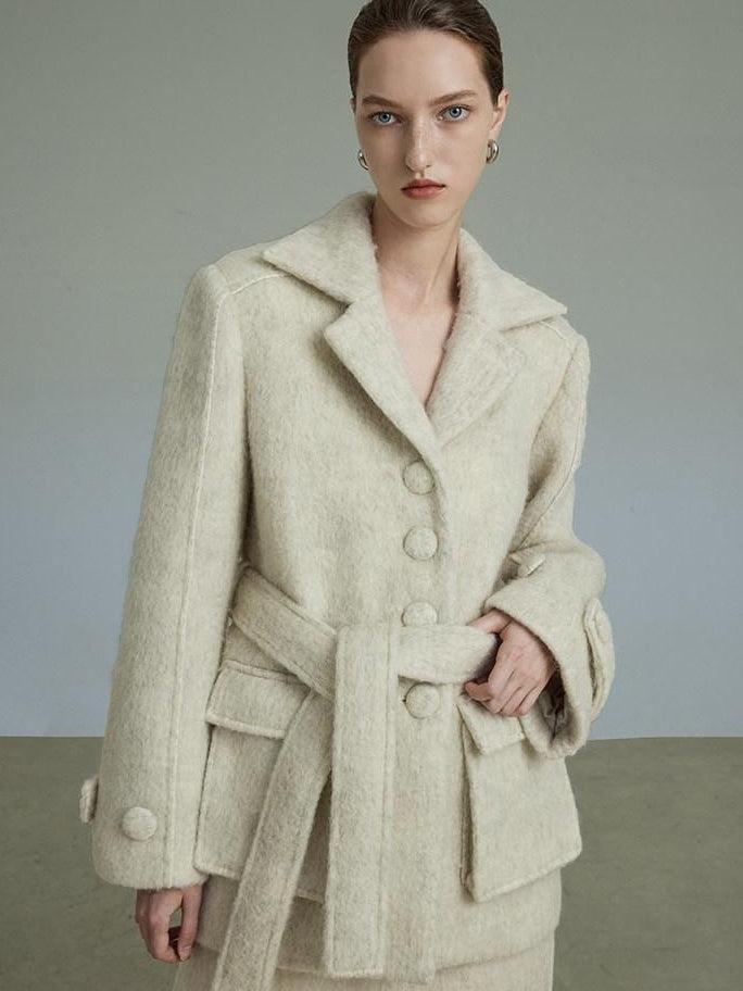 unspoken Porcelain White Wool Blend Minimal Office Single Breasted Notch Top & Skirt Sets