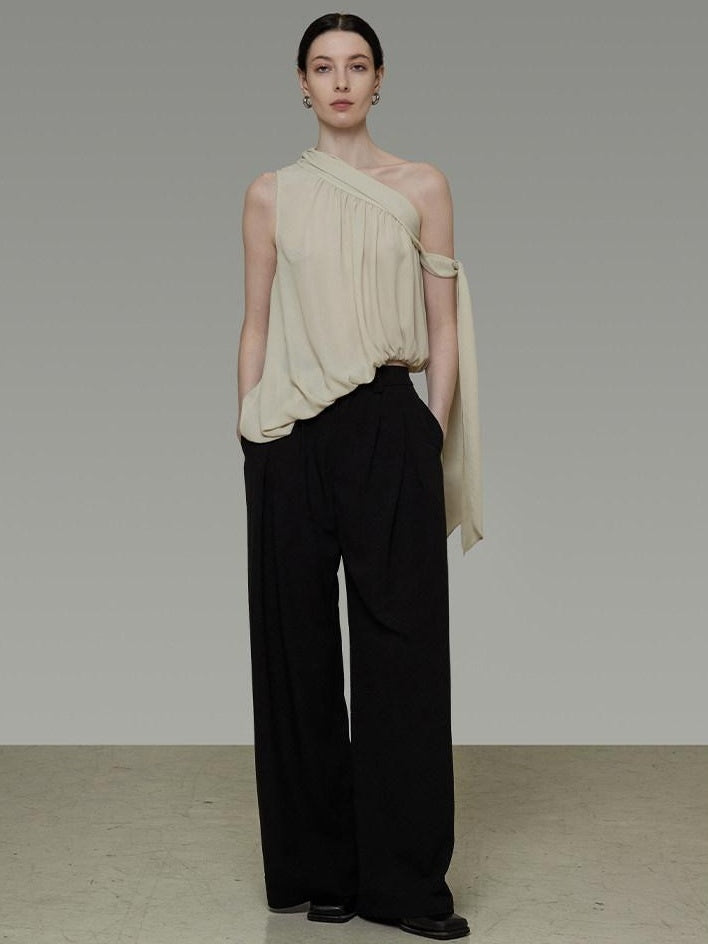 unspoken Polyester French Asymmetric One Shoulder Loose Fit Women Solid Camisoles