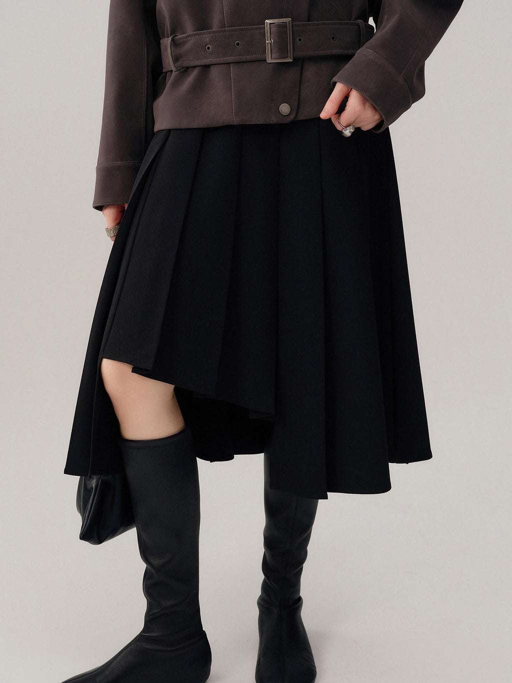 audreyyang Hand Pleated Lined Asymmetrical A Line Mid Waist Polyester Blend Midi Skirts