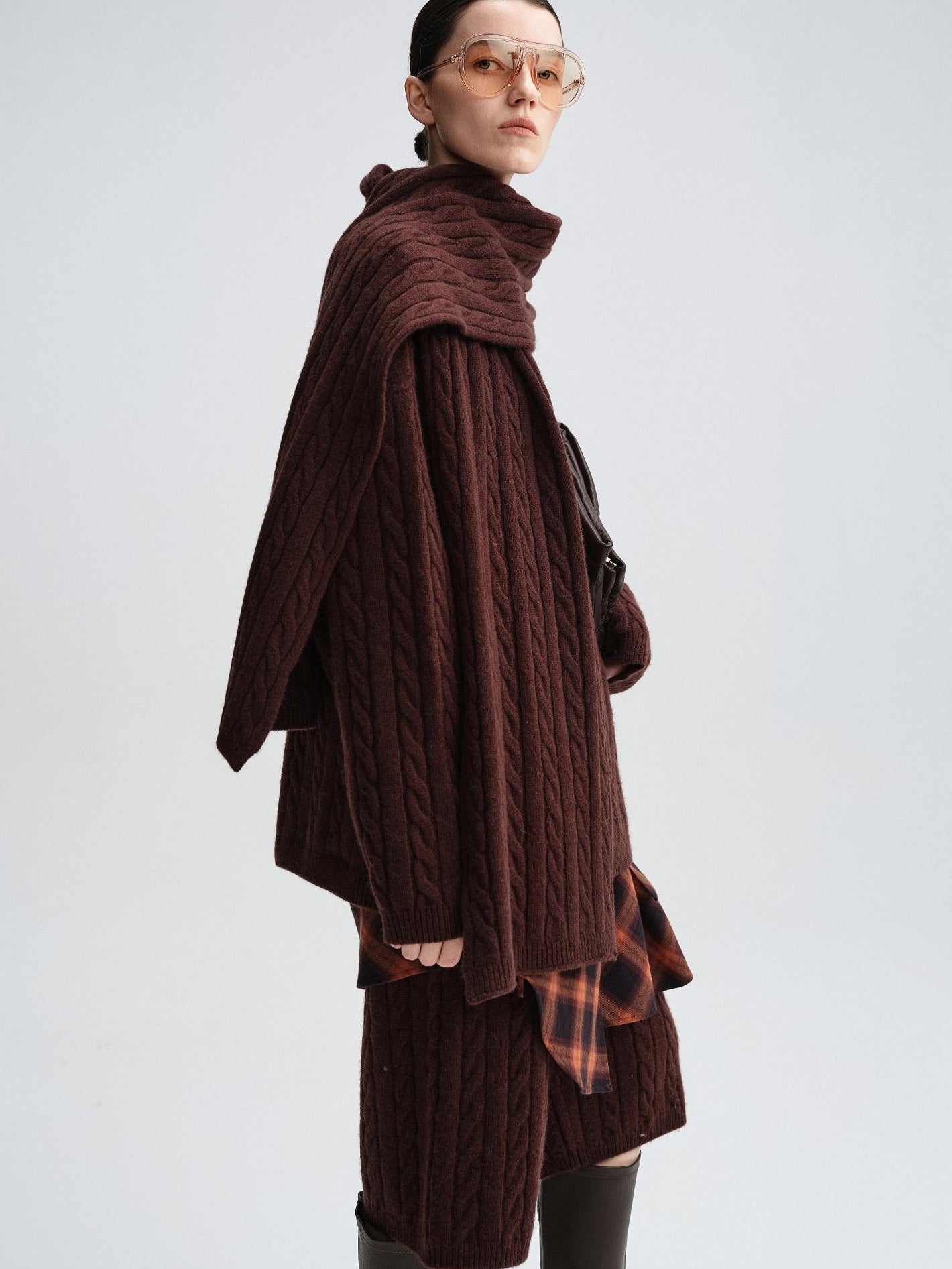 audreyyang 100 Percent Sheepswool Thick Vintage Loose Built In Scarf Women Knit Sweaters