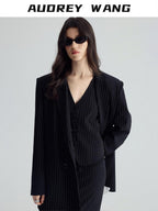 audreyyang Original Design Relaxed Fit Double Breasted Women Black Polyester Blazers