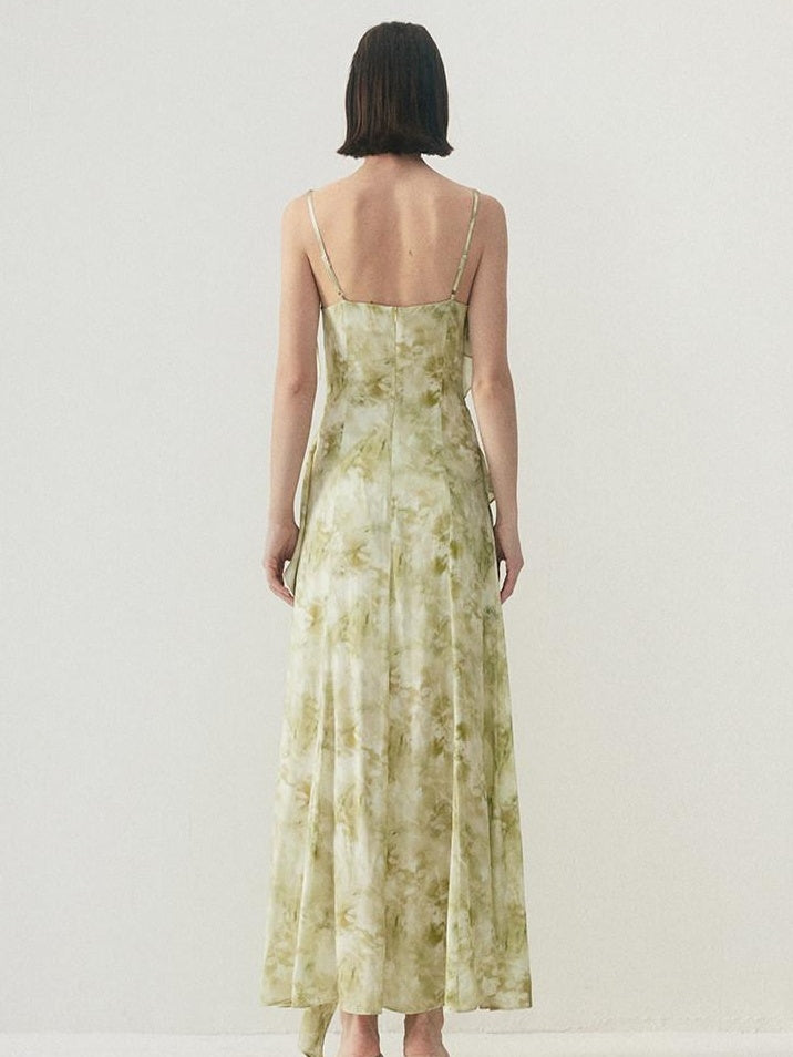 someone sometimes Viscose Asymmetric Ruffle Hem Cinched Waist Aline Lake Green Maxi Dresses