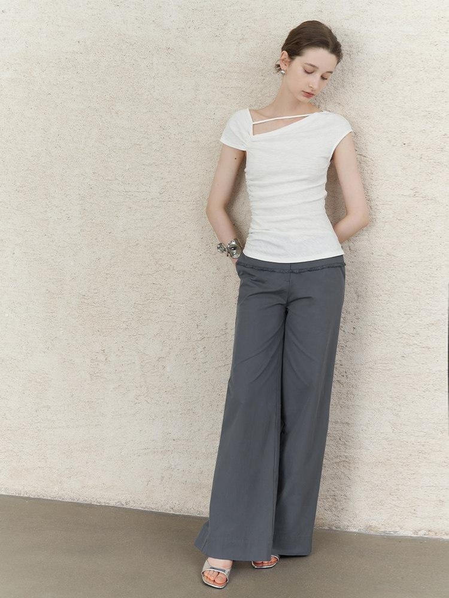 someonesometimes Lightweight Ruched Asymmetric Cropped Slim Fit Pure White Short Sleeve T-Shirts