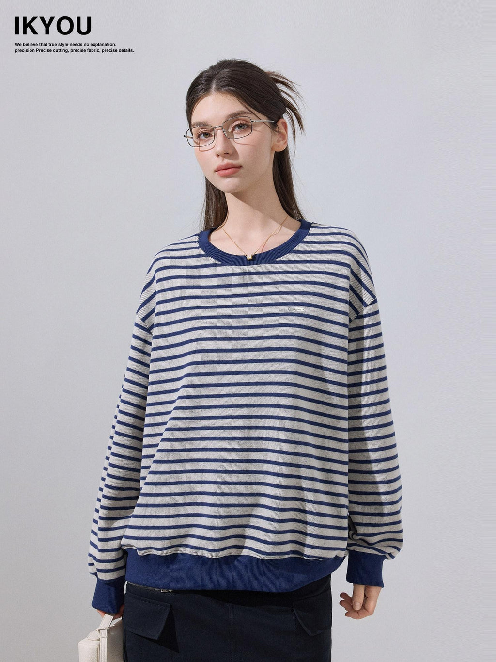 ikyou Soft Cotton Blend Loose Fit Striped Pullover Women Blue Gray Sweaters