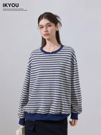 ikyou Soft Cotton Blend Loose Fit Striped Pullover Women Blue Gray Sweaters