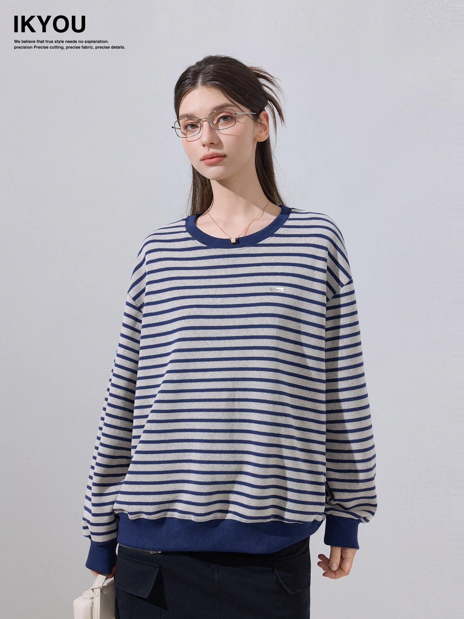 ikyou Soft Cotton Blend Loose Fit Striped Pullover Women Blue Gray Sweaters